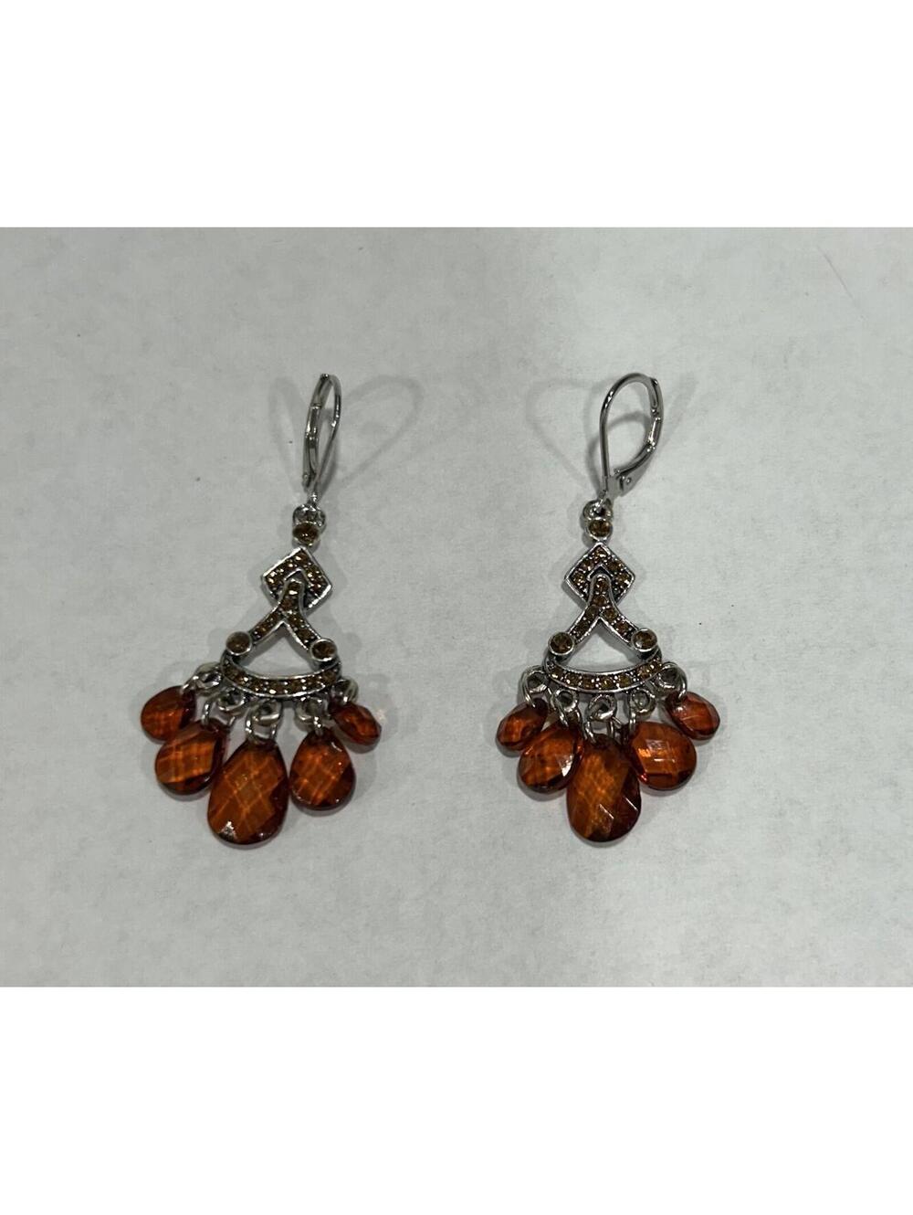 Vintage Chandelier orange earrings  silver tone- rhinestones w/ lever backs